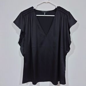 White House Black Market Black V-Neck Blouse | Flutter Sleeve | XL